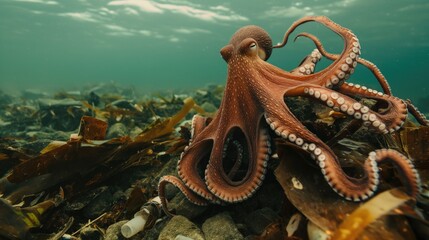 Fototapeta premium Octopus and garbage on the ocean floor. Concept of environmental pollution 