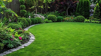 Backyard fresh green colored lawn growing in the grass area of this backyard surrounded by flowerbed featuring bushes in bloom