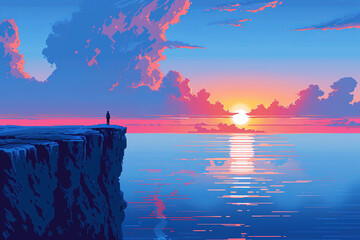 Lonely man standing on a cliff watching amazing sunset over the ocean