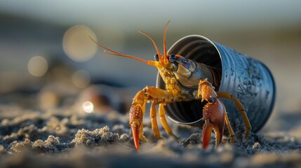 Fototapeta premium A hermit crab lives in an old tin can instead of a shell. Concept of environmental pollution