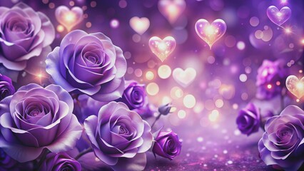 Purple Roses and Glowing Hearts, romantic, love, flowers, purple