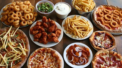 Assorted take-out food on a large table
