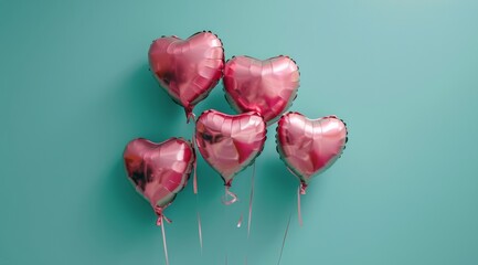 Red Heart Balloons Against Teal Wall