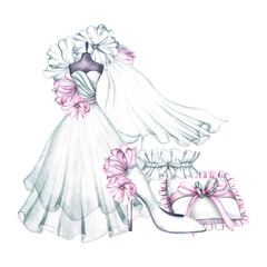 Wedding composition. A white wedding dress on a mannequin, a veil and wedding rings, a slipper and...