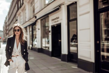 Fototapeta premium A woman wearing a black jacket and white pants walks down a street in front of a store