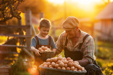 Grandfather and Son Collecting Eggs at Sunset on Farm