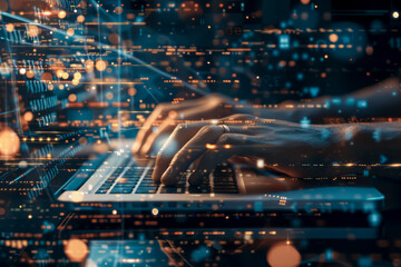 A person is typing on a laptop in a colorful, abstract background. Concept of creativity and technology