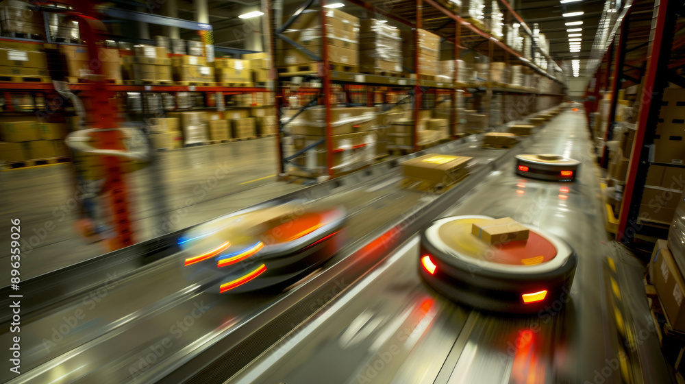 Aufkleber robotic machines move boxes in a warehouse. they use special information to find their way and deliv