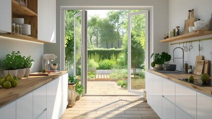 Fototapeta premium Kitchen interior modern home white room bright house design furniture. Wood kitchen interior modern counter background light countertop minimal apartment wall decor luxury contemporary clean empty.