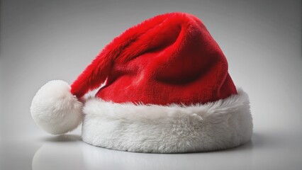 Santa Hat on Gray Background - Red and White Furry Christmas Hat, isolated, winter holiday , santa claus , christmas hat , festive