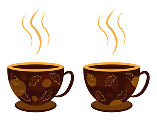 Cup of coffee with a pattern of stains and gold leaves on a white background, vector. Autumn cup design.