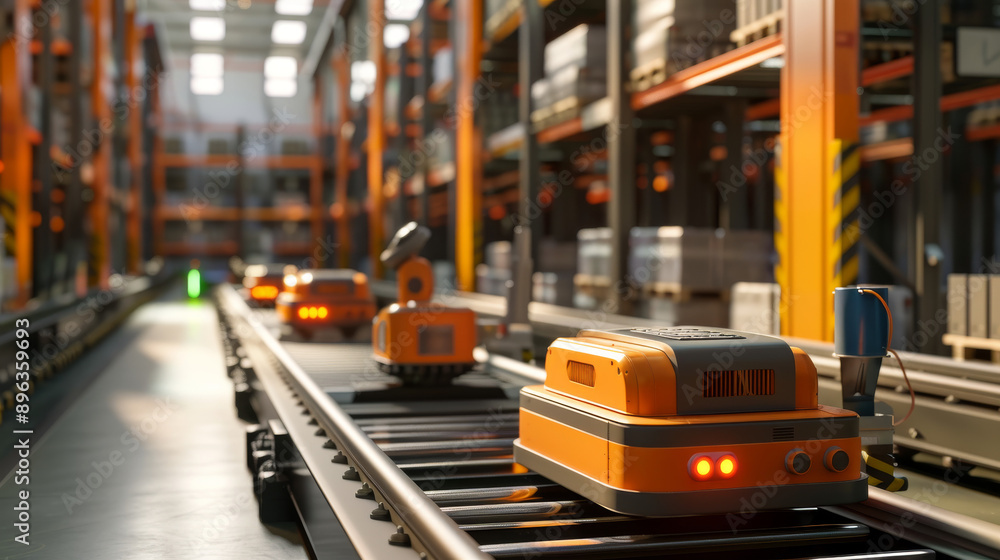 Aufkleber robots move goods in a warehouse using an automated system, making logistics more efficient and orga