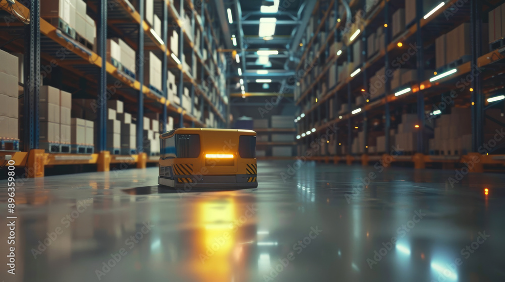 Aufkleber robots move goods in a warehouse using an automated system, making logistics more efficient and orga
