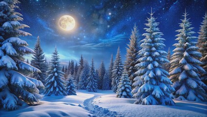 Naklejka premium Snow-Covered Forest under a Full Moon, Pine Trees, Moonlight, Winter Wonderland, Snow, Forest, Nature