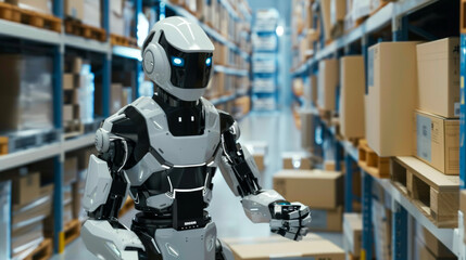 Fototapeta premium Robots moving boxes autonomously in warehouses with 5G technology.