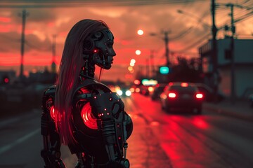 A woman in a robot suit standing on the side of a road