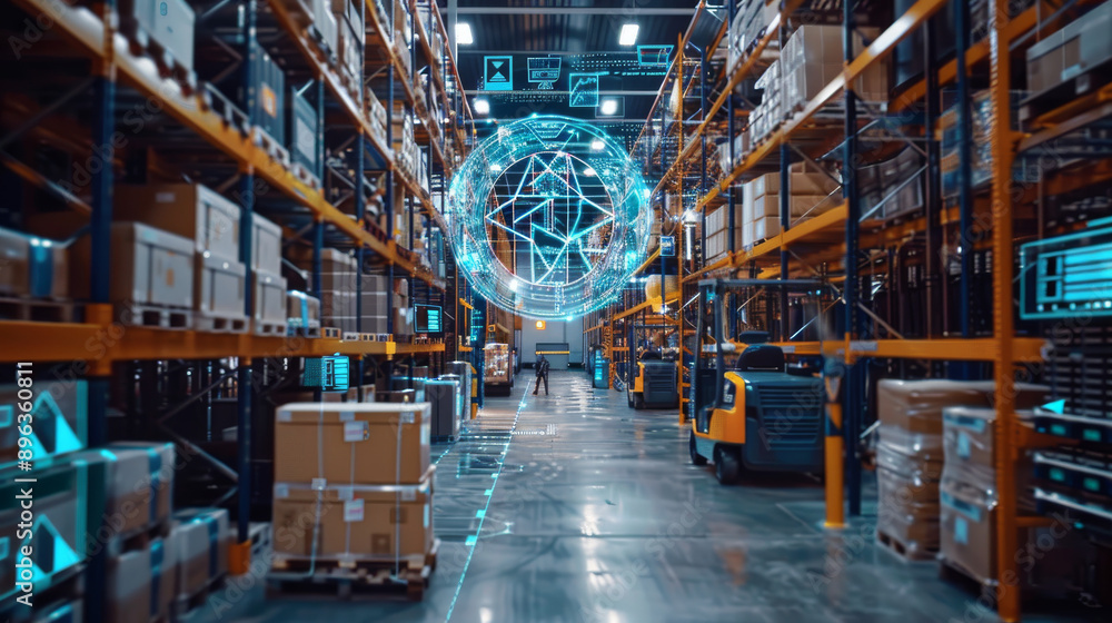 Poster smart tech like ai and software streamlines warehouse operations by connecting devices to the intern