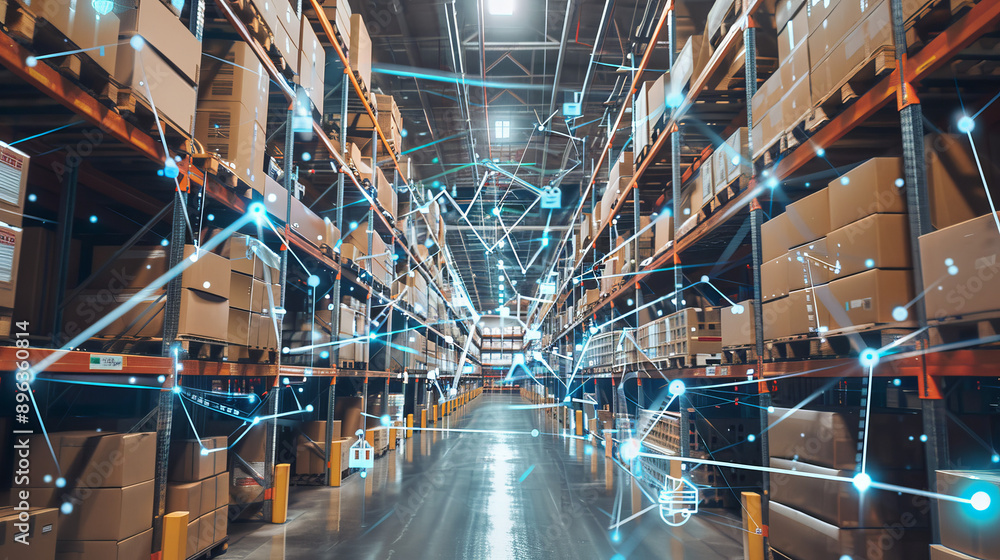 Poster smart tech like ai and software streamlines warehouse operations by connecting devices to the intern