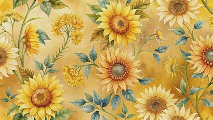 Sunflowers in Watercolor, Golden Background, Floral Art, Botanical Illustration, Sunflowers, Watercolor, Art