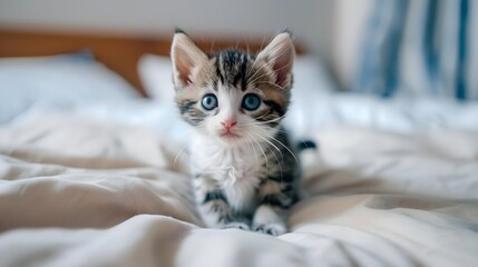 Cute little kitten on bed. Caring for pets