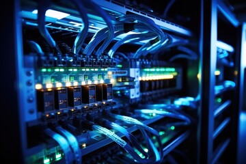 Fototapeta premium Server room with switch, internet cables and wires. Fiber optic equipment in data center. Network background