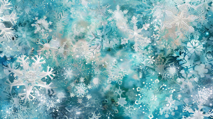 Obraz premium Snowy background with swirling snowflakes in shades of white, teal, and blue. Perfect for a wintery atmosphere.