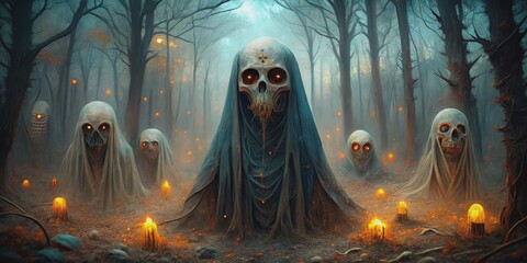 The Spectral Gathering in the Foggy Forest, digital painting, skulls, forest, fog, spooky, Halloween