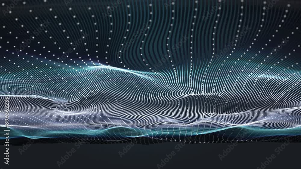Poster futuristic video animation with particle wave object in slow motion and space for text, 4096x2304 lo