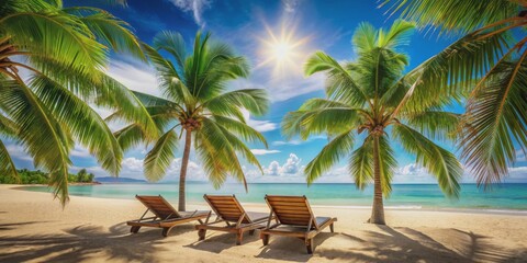 Fototapeta premium Tropical Paradise Three Wooden Loungers on a Pristine Beach with Palm Trees and a Shining Sun, Beach , Relaxation , Vacation , Paradise