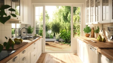 Fototapeta premium Kitchen interior modern home white room bright house design furniture. Wood kitchen interior modern counter background light countertop minimal apartment wall decor luxury contemporary clean empty.