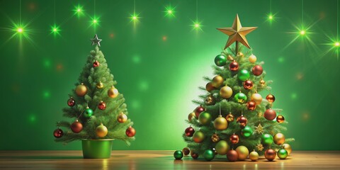 Two Decorated Christmas Trees, Green Background, 3D Rendered, Festive Decor, Christmas, holiday, tree