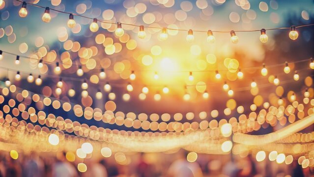 Twinkling Lights Against a Sunset Sky, String Lights, Bokeh, Festive, Nighttime, Party , string lights