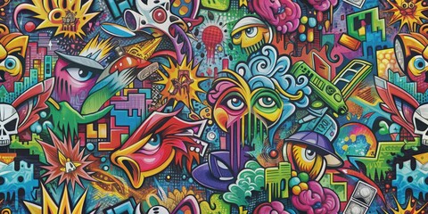 Obraz premium Urban Dreamscape Psychedelic Graffiti Wall Art with Intricate Details, Graffiti, Street Art, Abstract, Psychedelic