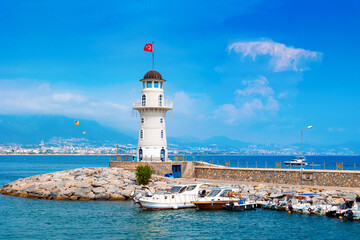 Panoramic view of old lighthouse in Alanya port. Landscape view of Mediterranean coast, Alanya,...