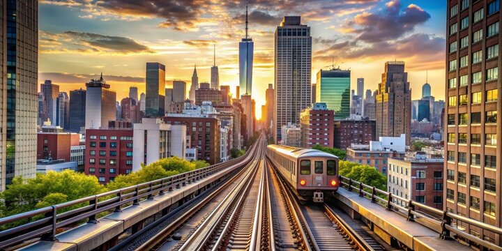 Cityscape Sunset with Train, NYC , Elevated Train , Urban Landscape , Golden Hour - Powered by Adobe