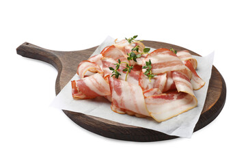 Slices of raw bacon and thyme isolated on white