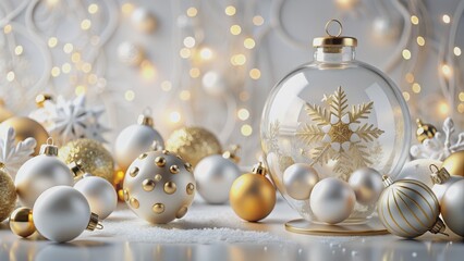 Fototapeta premium White and Gold Christmas Ornament Still Life with Snowflake, Christmas, Ornament, Decoration, Winter