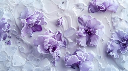 Background of frozen purple flowers in milk