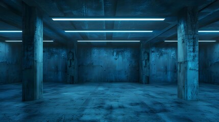 Underground concrete basement with low key lighting