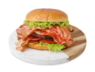 Delicious burger with bacon, patty and tomato isolated on white