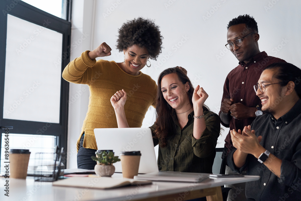 Poster Laptop, teamwork and meeting in office for celebration, project and happy business group. Diversity, men and women in workplace or agency with technology for achievement, online and review in morning