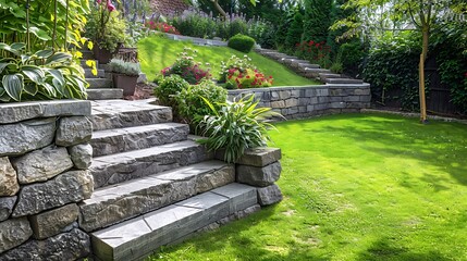 Backyard neat and tidy garden with granite wall and solid block steps