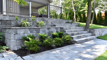 Fototapeta premium Backyard neat and tidy garden with granite wall and solid block steps