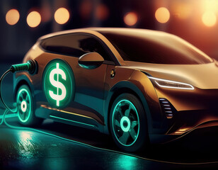 Modern electric car at charging station with $ sign representing financial savings and green energyGenerated image