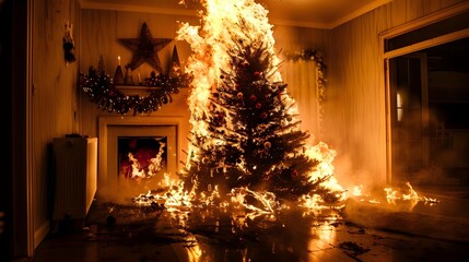 Dramatic image of a burning Christmas tree