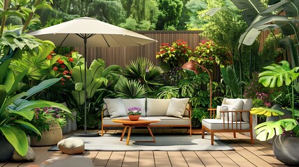 Fototapeta premium Backyard outdoor garden patio with garden furnitures coffee table parasol and plants