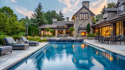Backyard patio of a luxury residence with swimming pool and fireplace