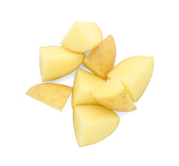 Pile of fresh cut potato isolated on white, top view