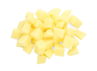Pile of fresh cut potato isolated on white, top view