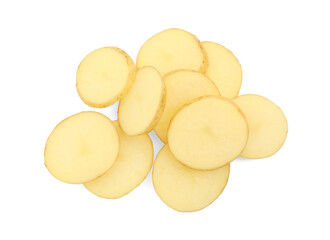 Pile of fresh cut potato isolated on white, top view